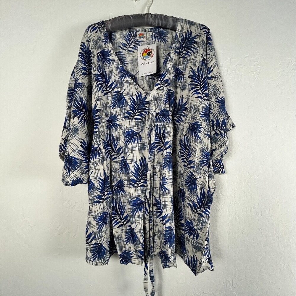 Makai Beach Nancy Beach Cover Up Tunic L/XL Blue Leaf Print Short Sleeve New